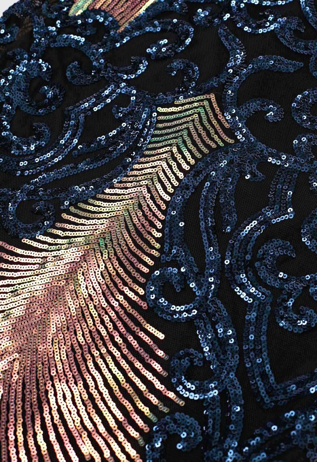 Robe moulante à paillettes éblouissantes et bordure en plumes de vigne en bleu marine