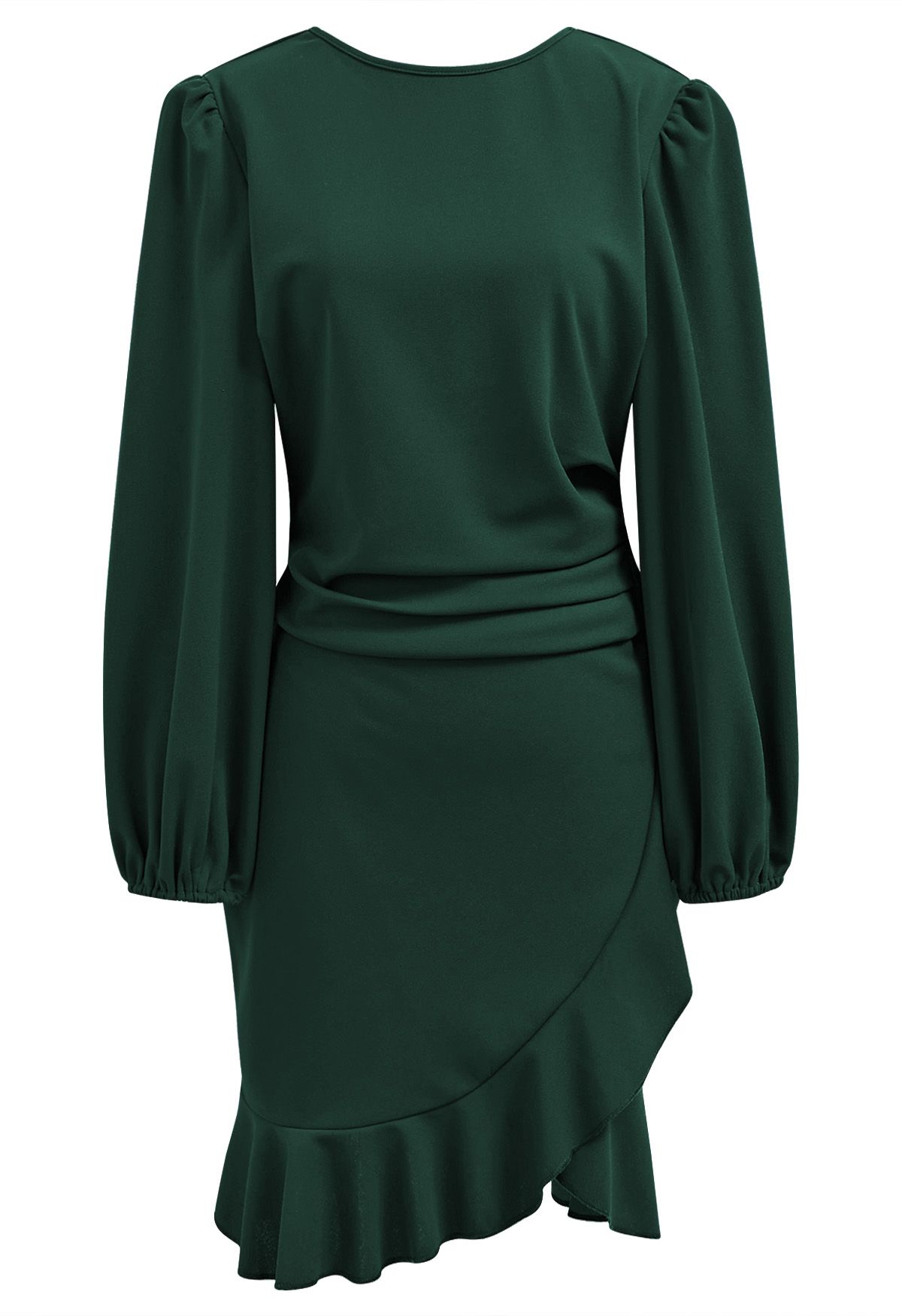 Robe mini tulipe à volants latéraux froncés en vert foncé