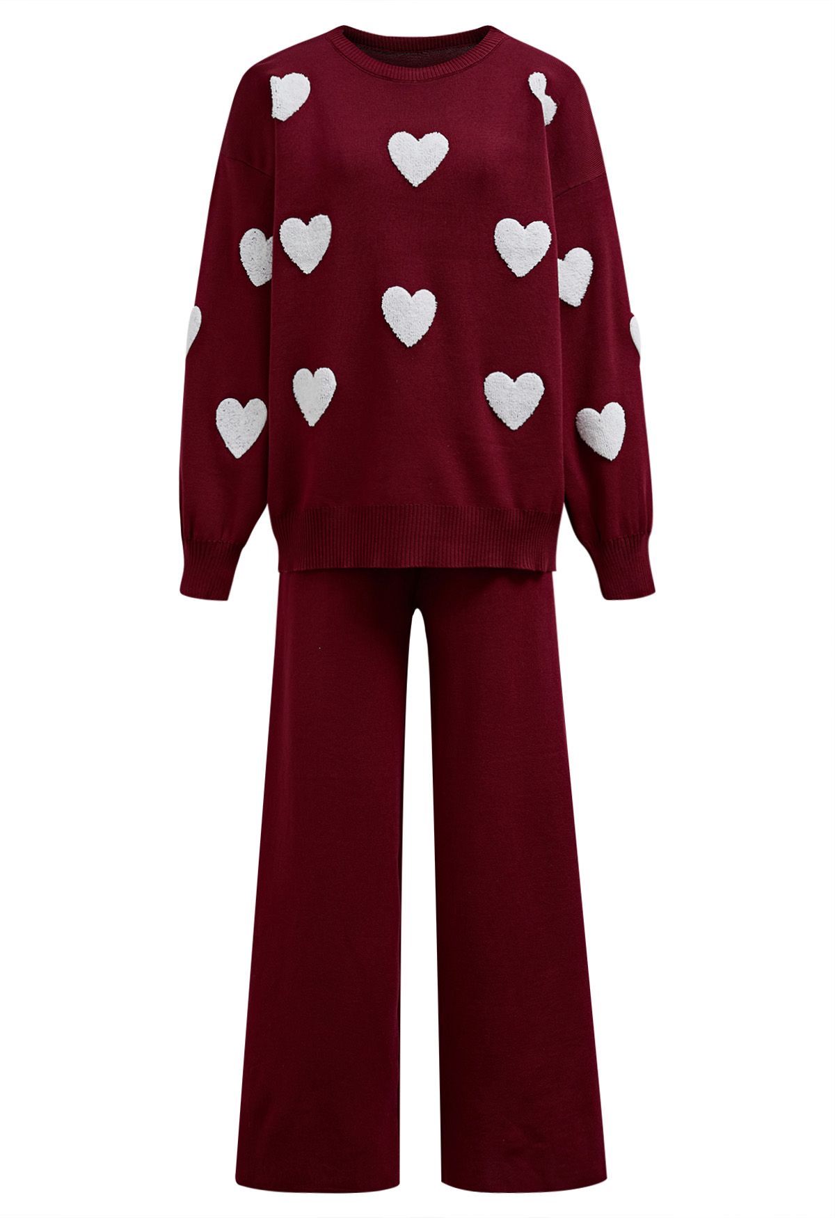 Heart Patch Knit Sweater and Pants Set in Burgundy