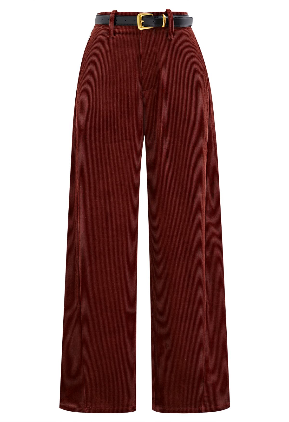 Pantalon droit en velours côtelé robuste avec ceinture en bordeaux