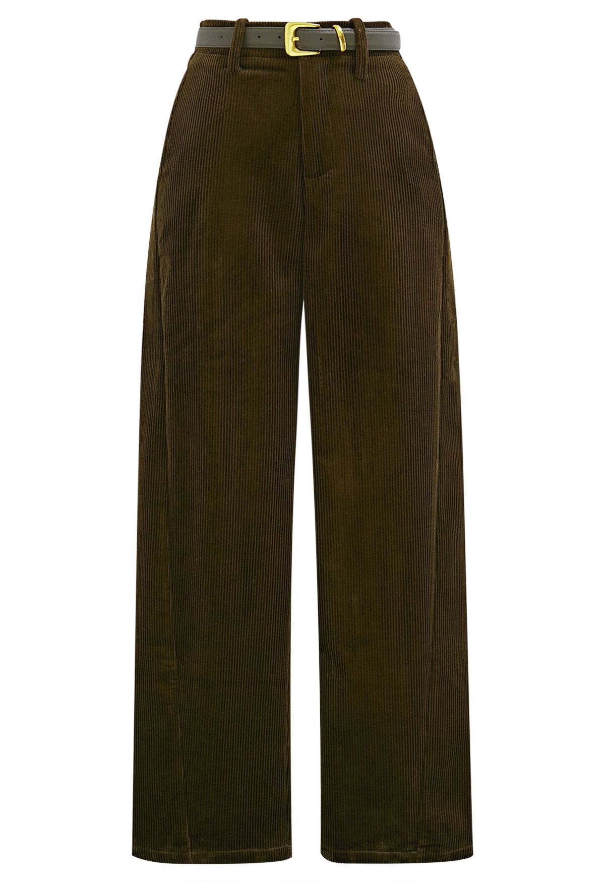 Pantalon droit en velours côtelé robuste avec ceinture en vert kaki