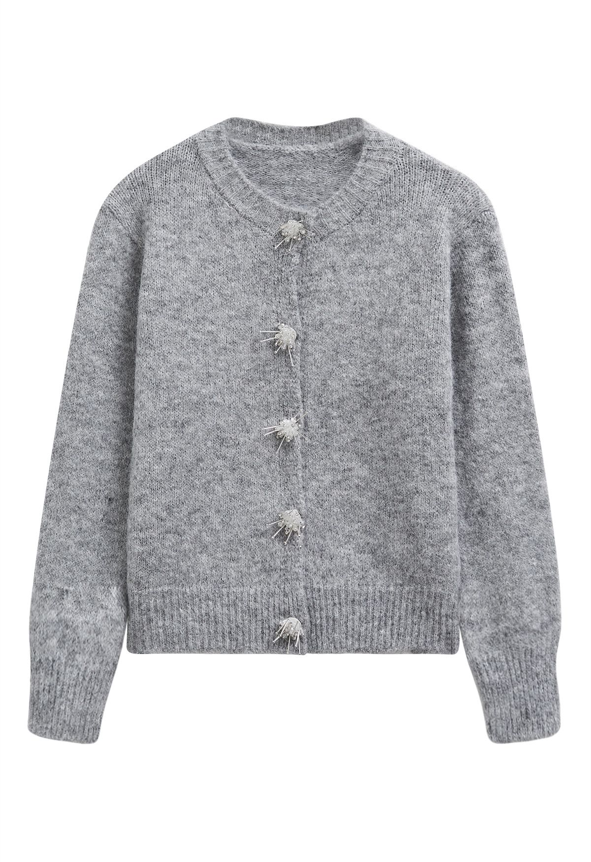 Cardigan en tricot pelucheux à boutons-pression et strass en forme d'étoile en gris