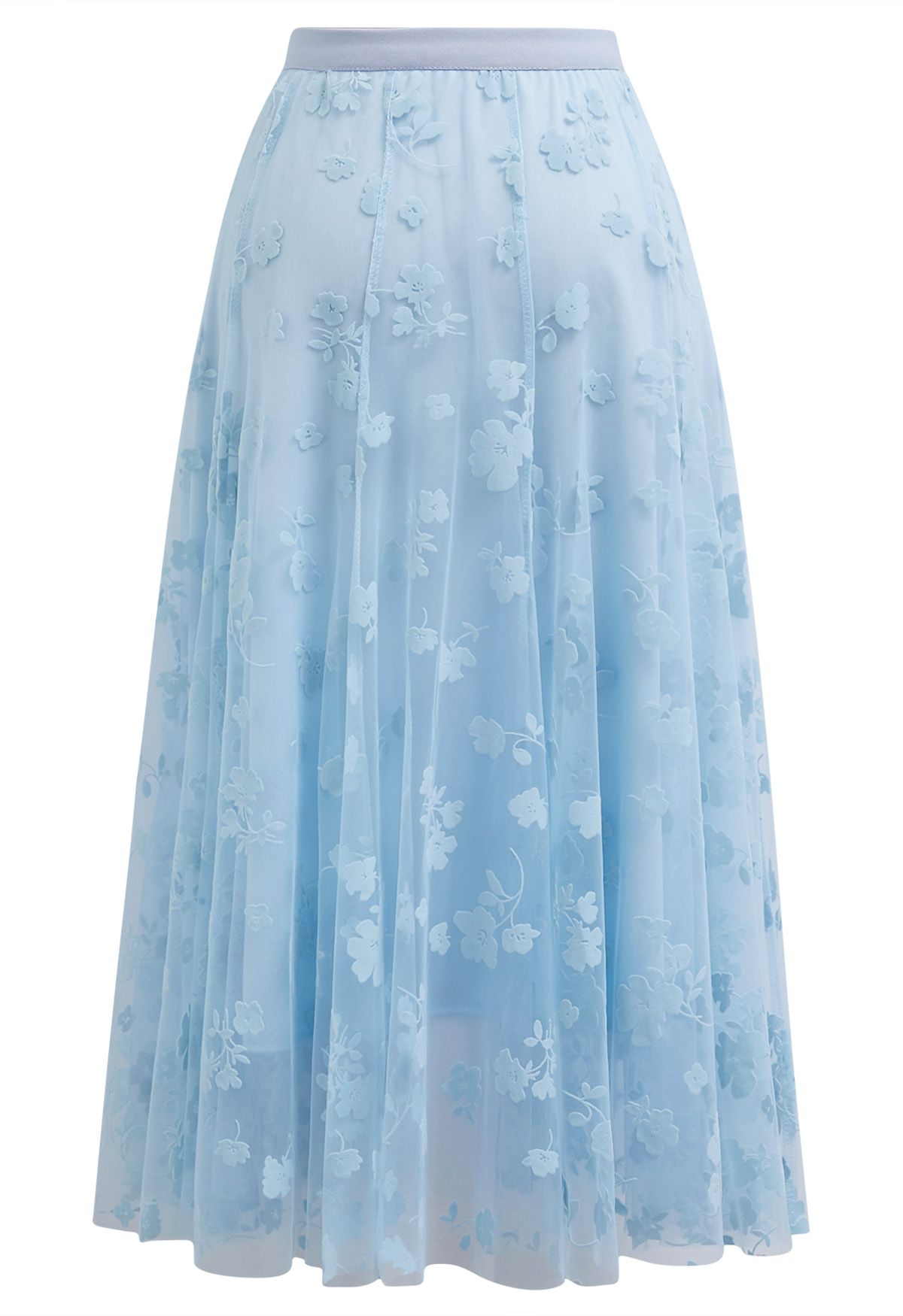 3D Posy Double-Layered Mesh Midi Skirt in Baby Blue