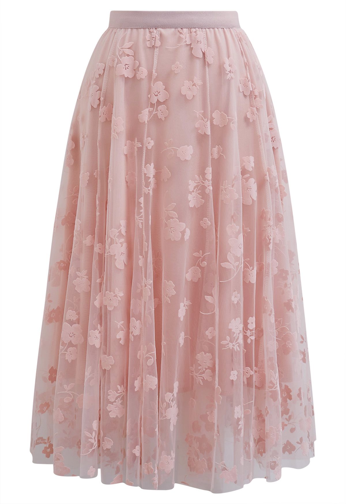 3D Posy Double-Layered Mesh Midi Skirt in Pink