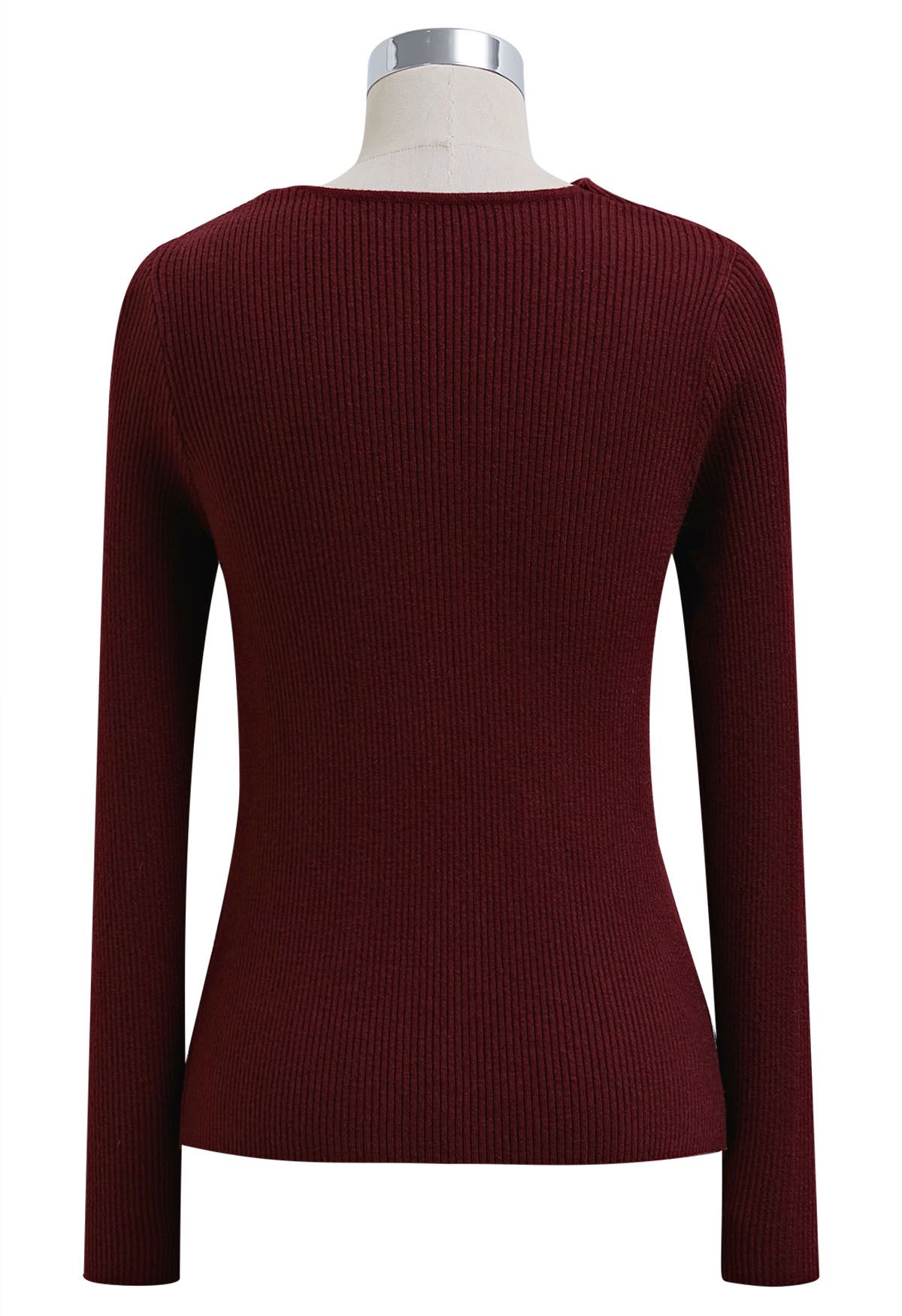 Twist Neckline Ribbed Knit Top in Burgundy