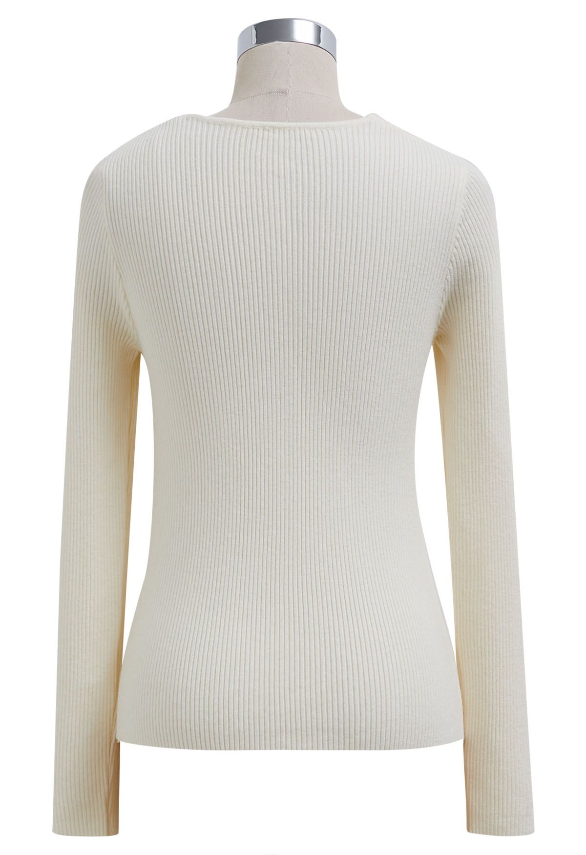 Twist Neckline Ribbed Knit Top in Cream