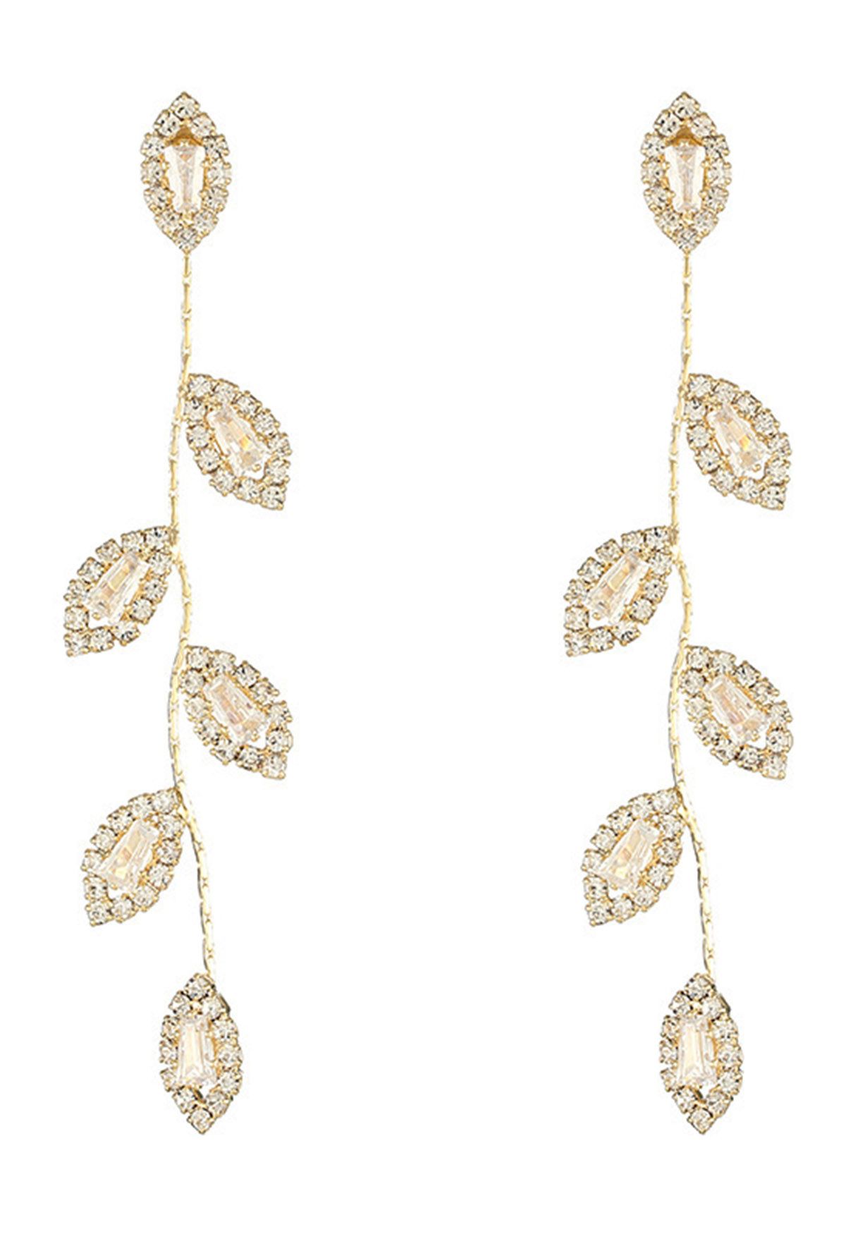 Boucles d'oreilles pendantes en strass feuilles et branches en or