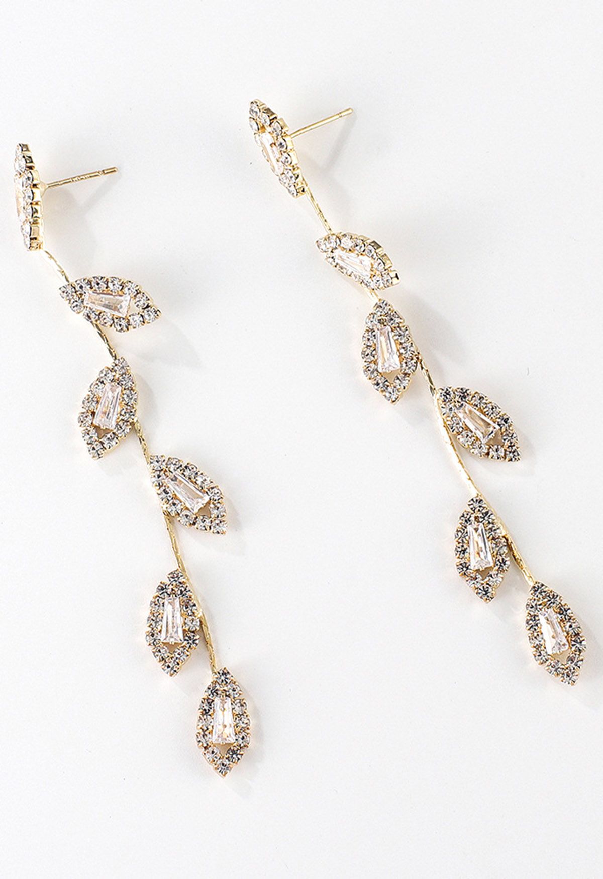 Boucles d'oreilles pendantes en strass feuilles et branches en or