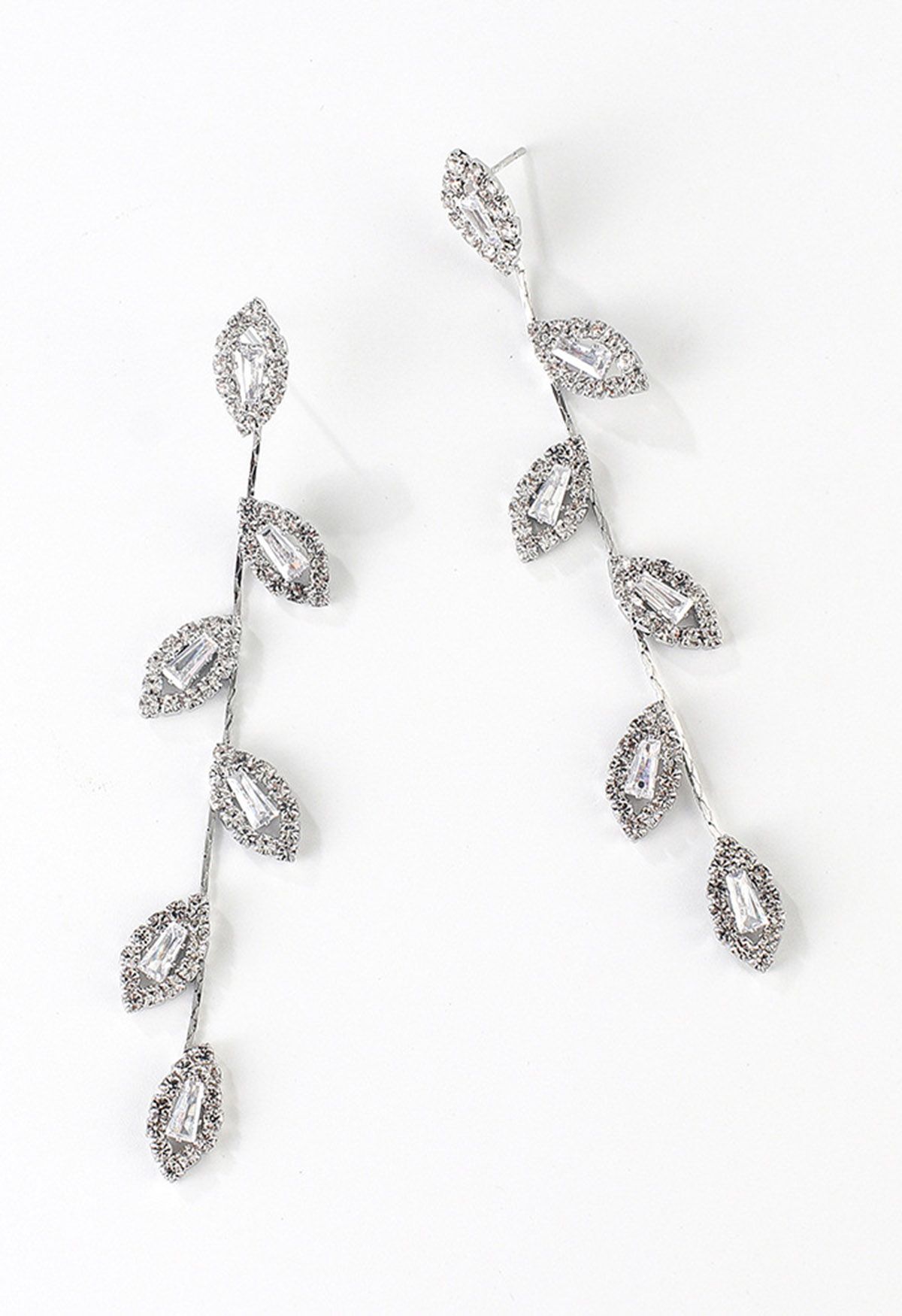 Boucles d'oreilles pendantes en strass avec feuilles et branches en argent