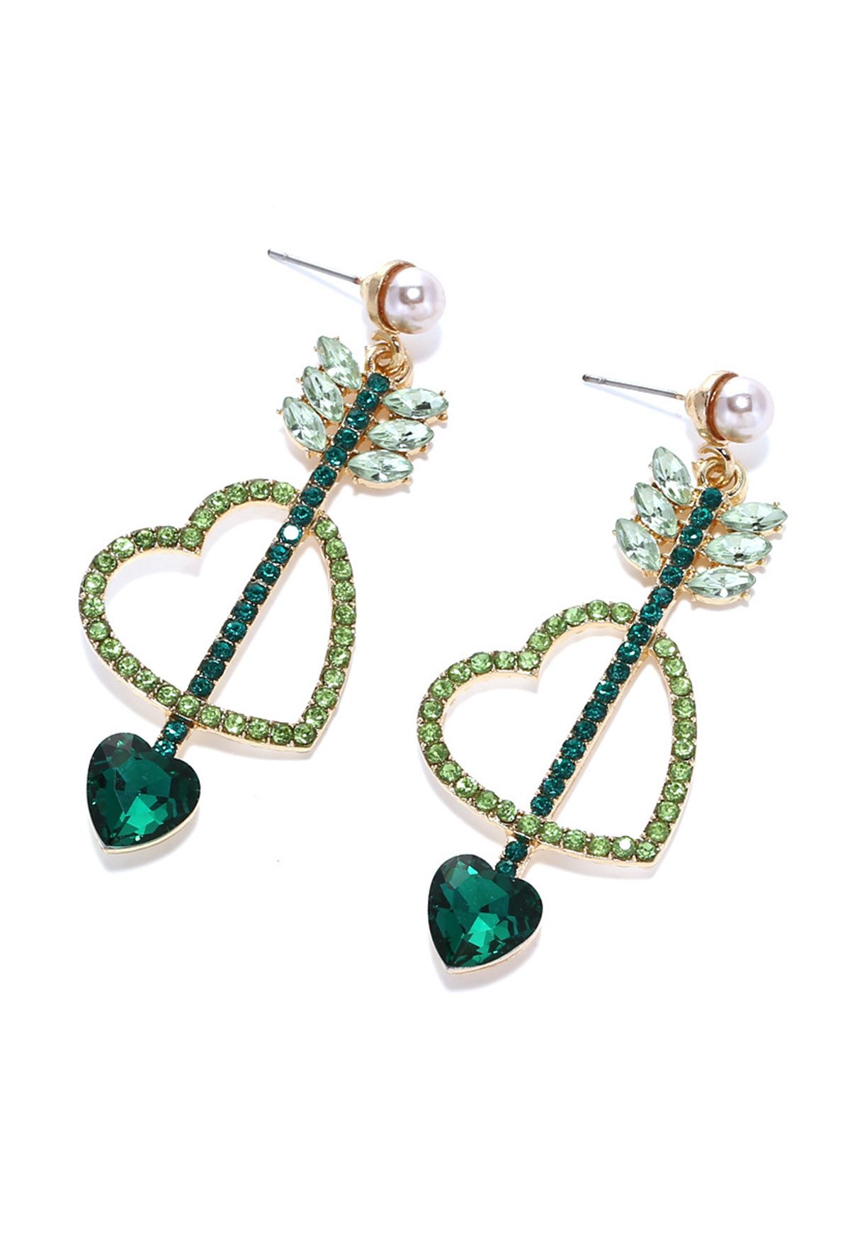 Boucles d'oreilles pendantes Love Arrows en strass vert