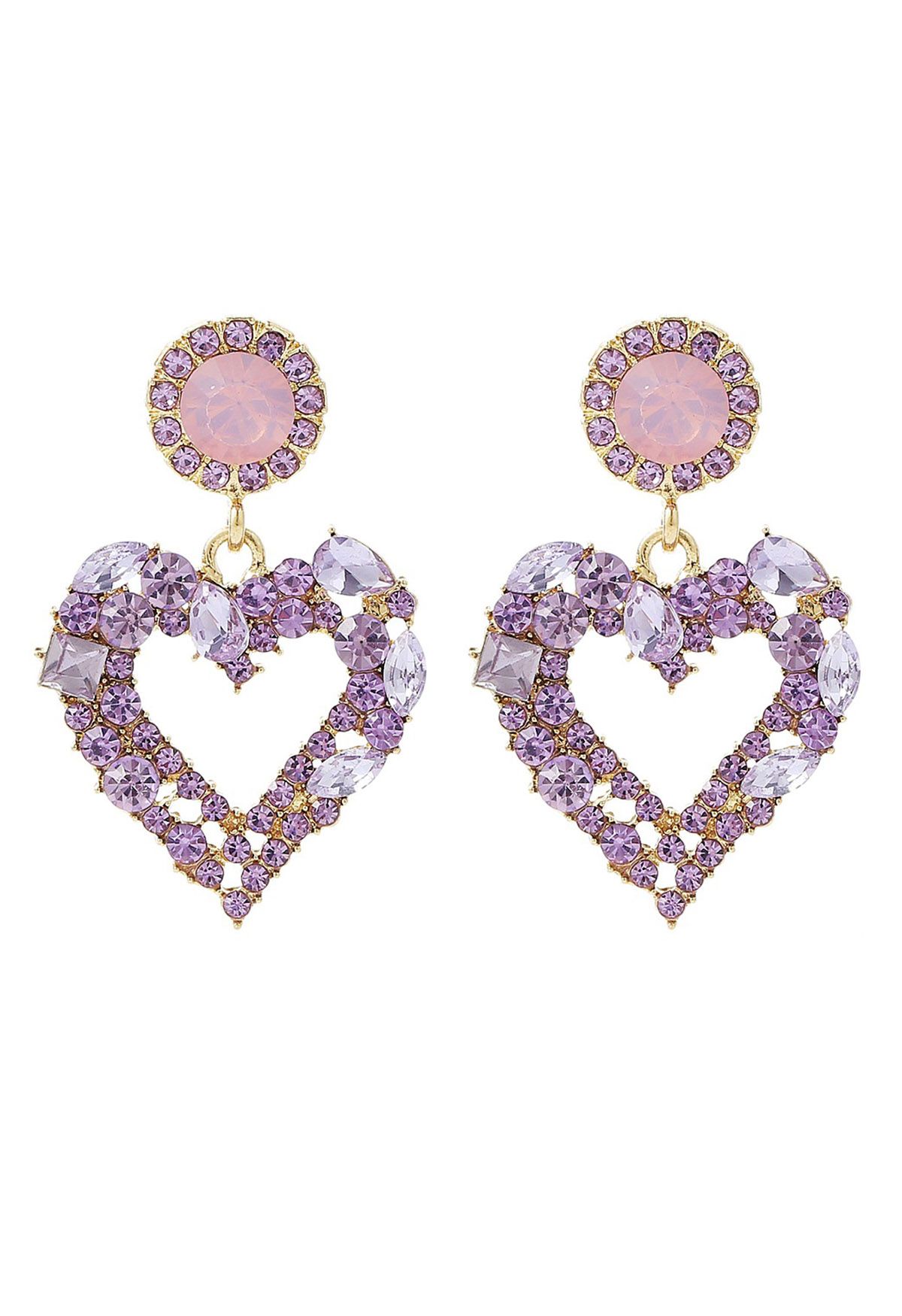 Boucles d'oreilles scintillantes en forme de cœur avec strass en violet