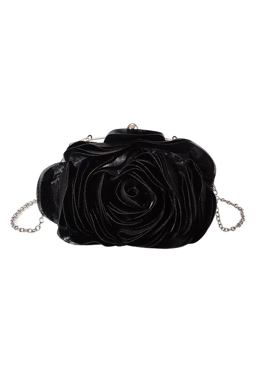 Pochette en satin à pétales de rose 3D en noir