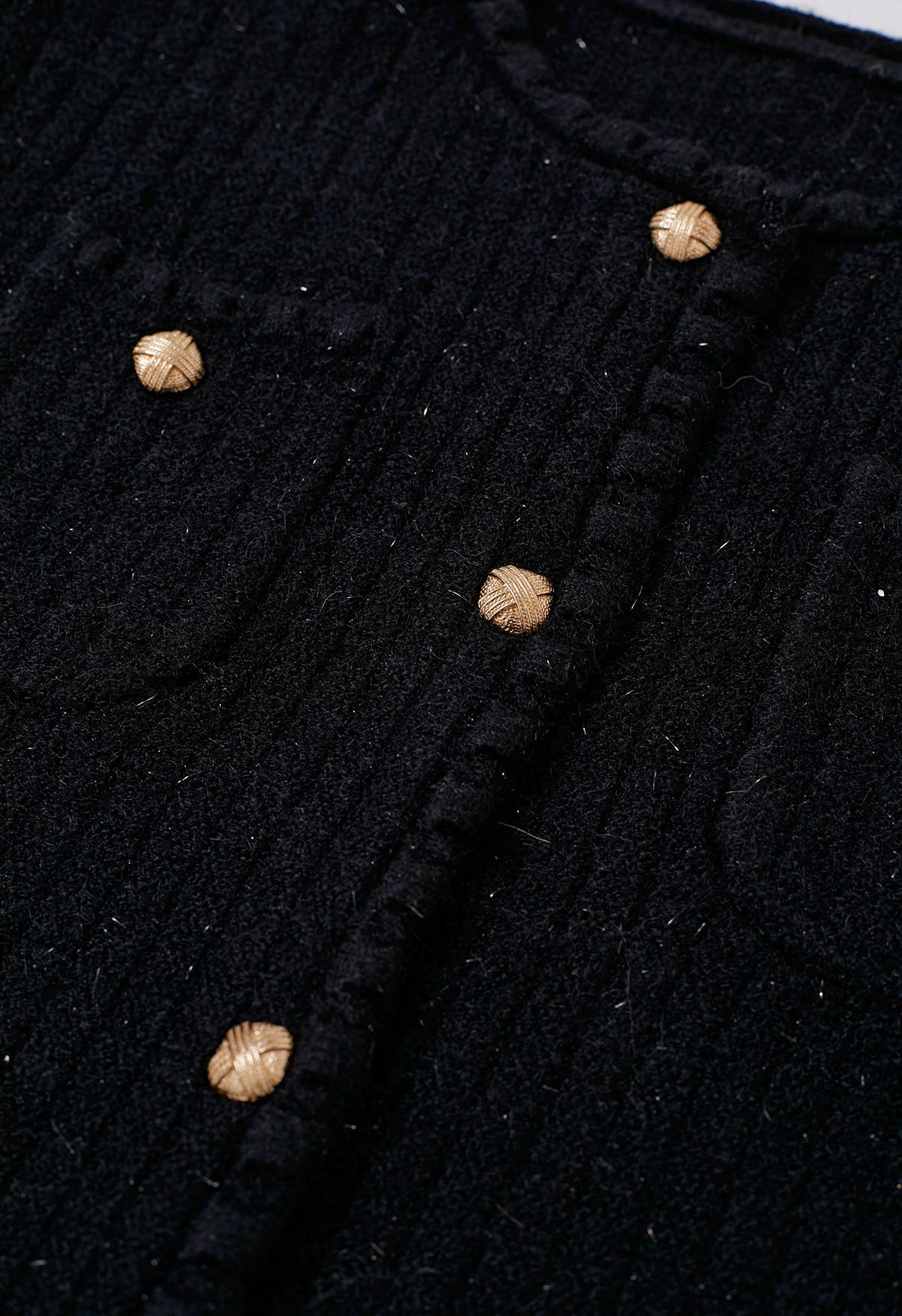 Cardigan boutonné en tricot à bordures à franges brillantes en noir