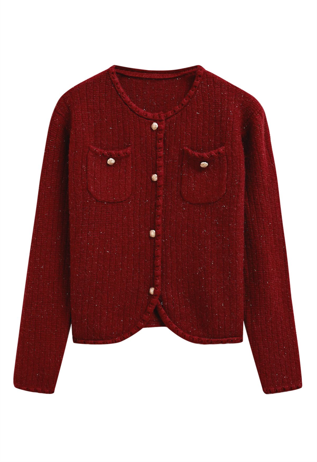 Cardigan boutonné en tricot à bordures à franges brillantes en rouge