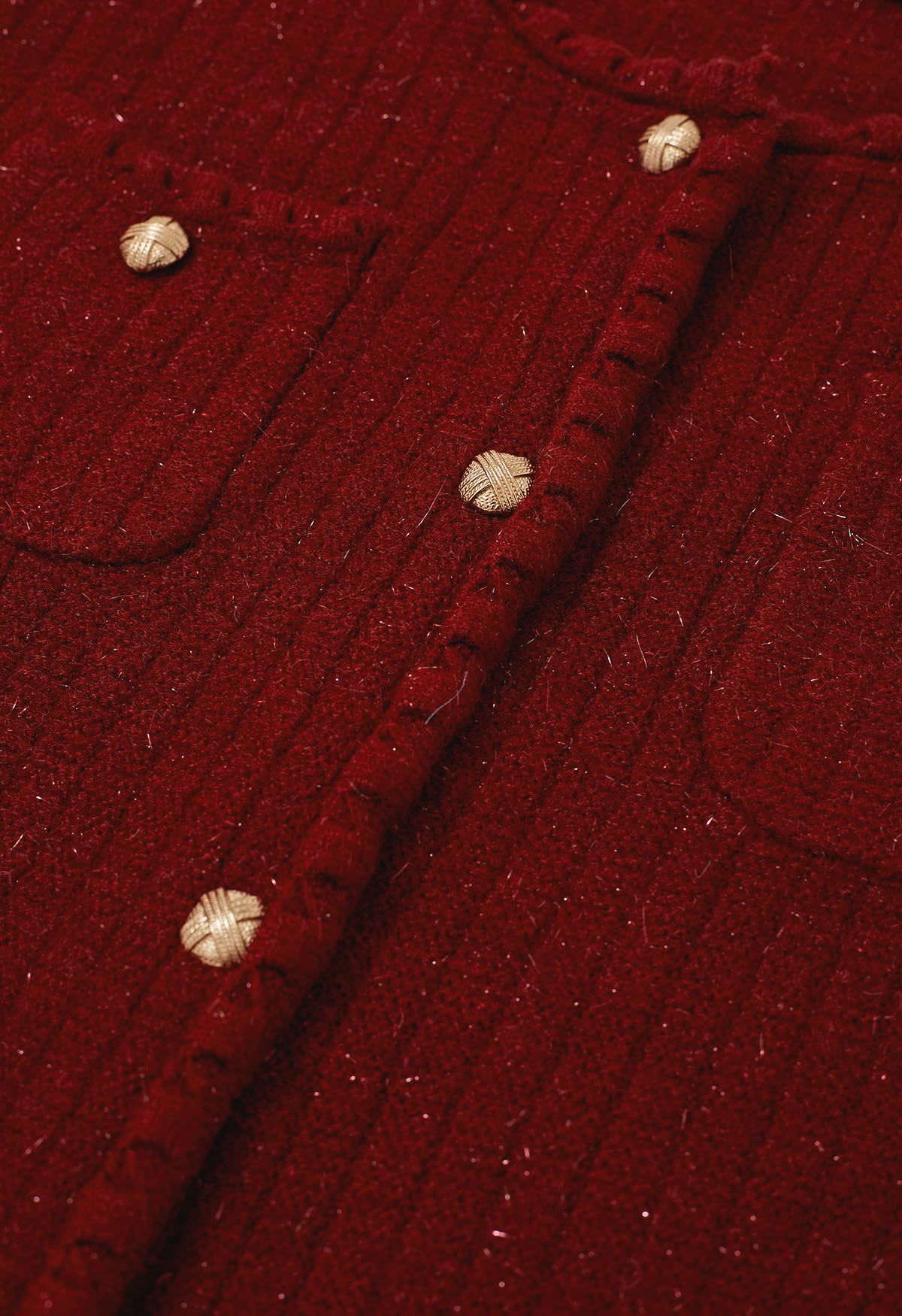 Cardigan boutonné en tricot à bordures à franges brillantes en rouge