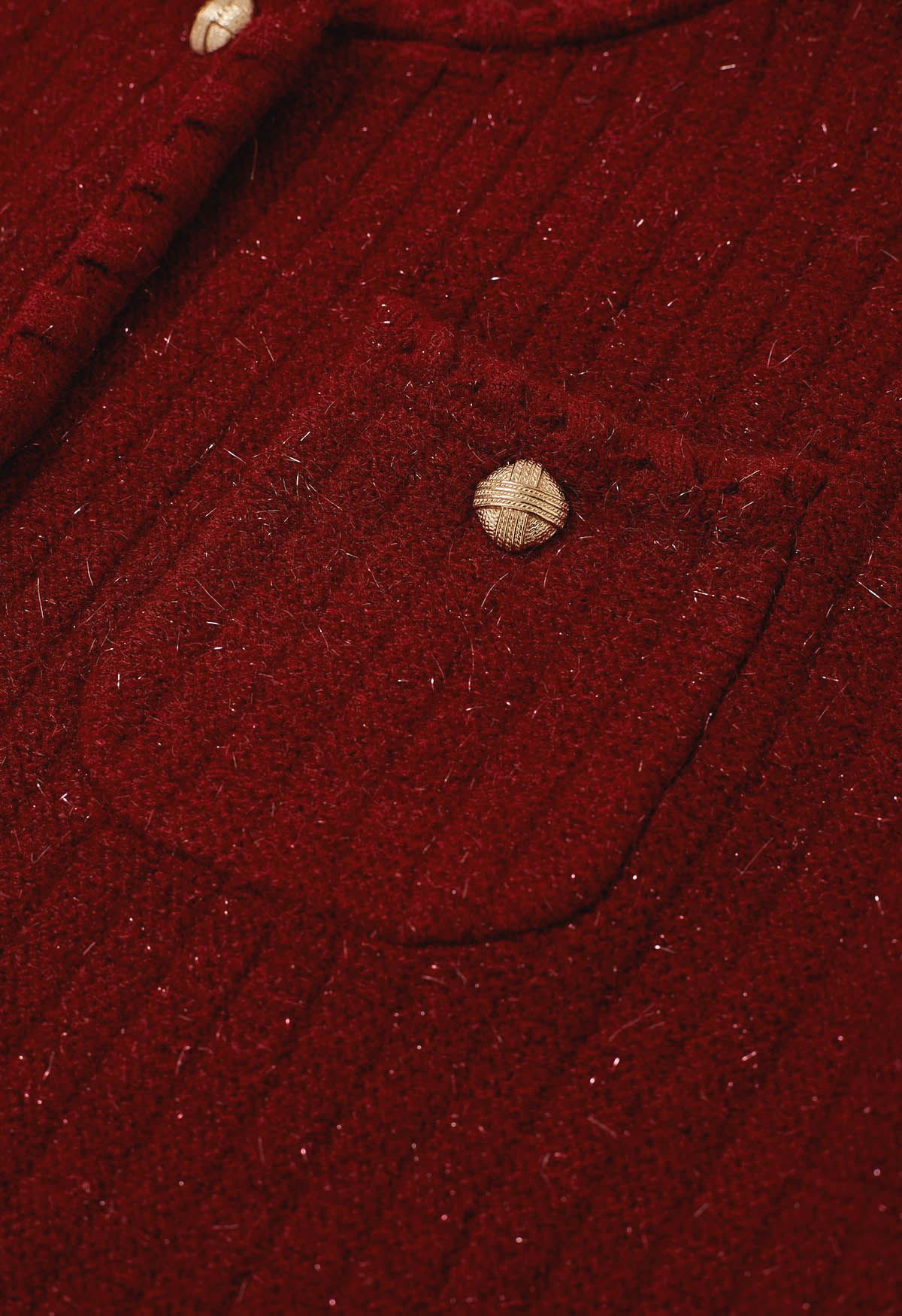 Cardigan boutonné en tricot à bordures à franges brillantes en rouge