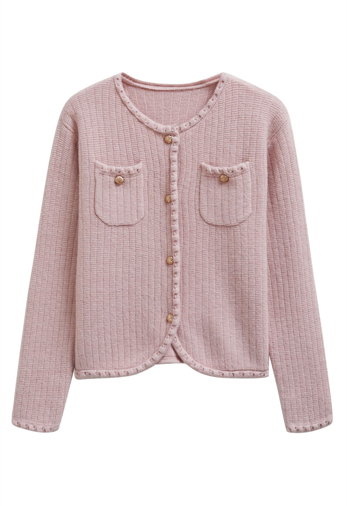 Cardigan boutonné en tricot à bordures à franges brillantes en rose