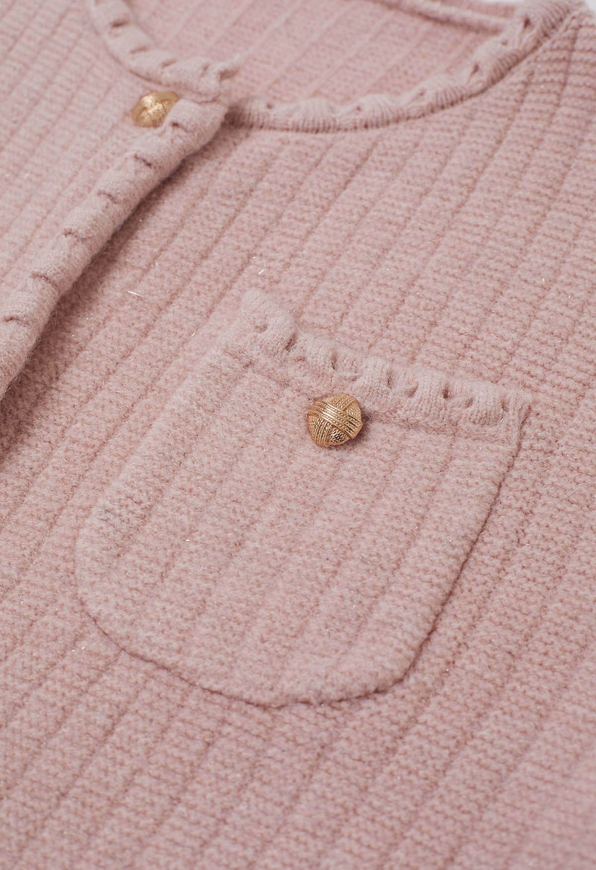 Cardigan boutonné en tricot à bordures à franges brillantes en rose