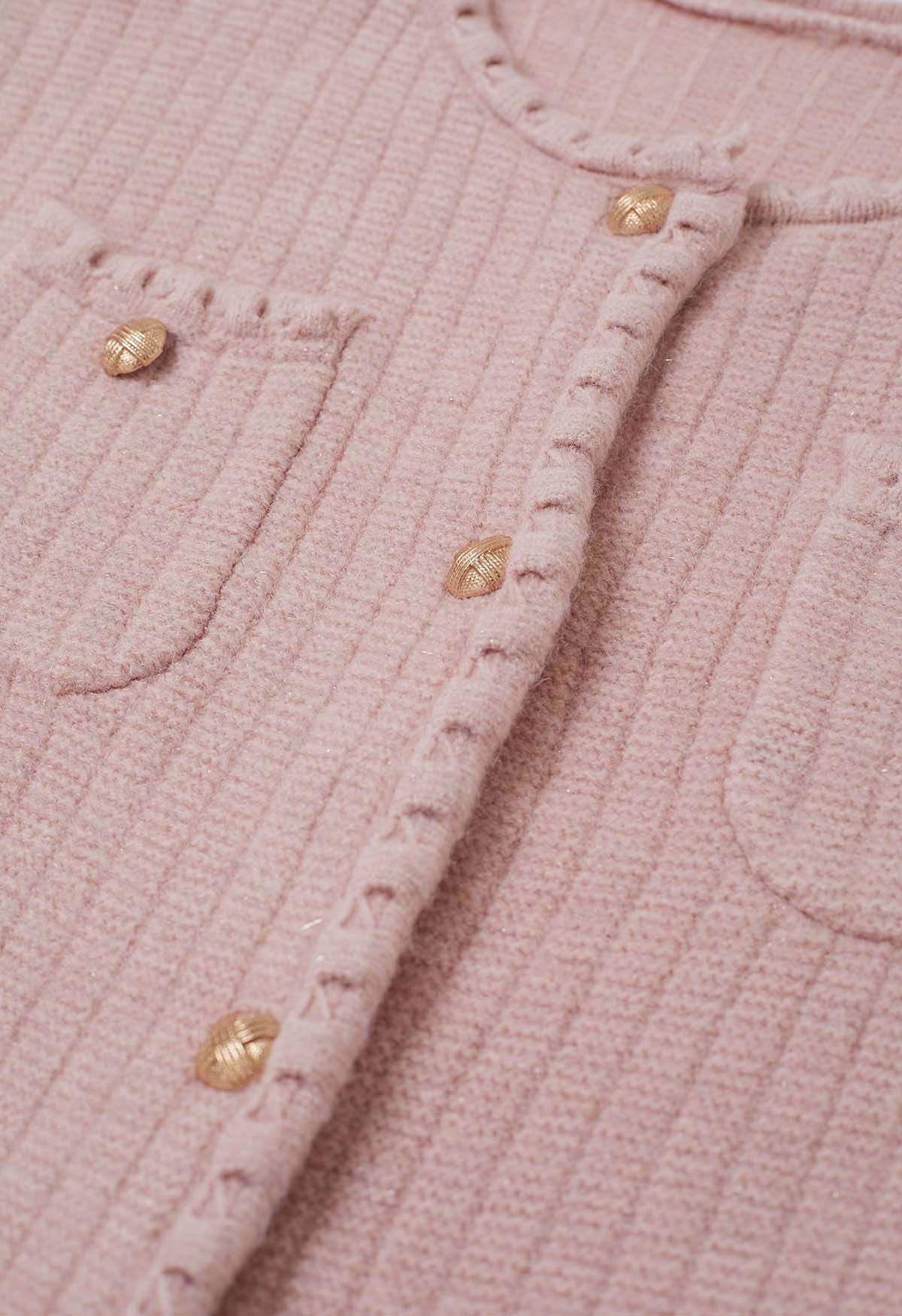 Cardigan boutonné en tricot à bordures à franges brillantes en rose