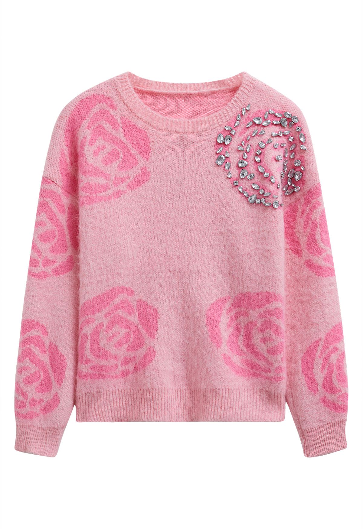 Pull en tricot à motif de roses avec strass scintillants 