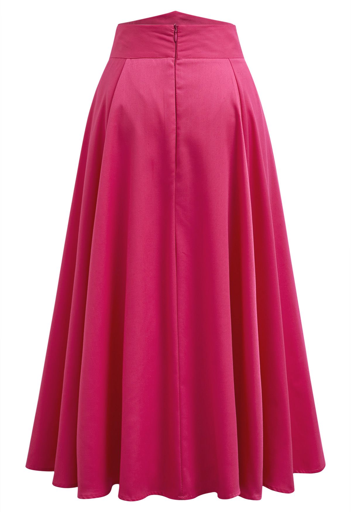 Jupe mi-longue trapèze taille haute rose vif unie