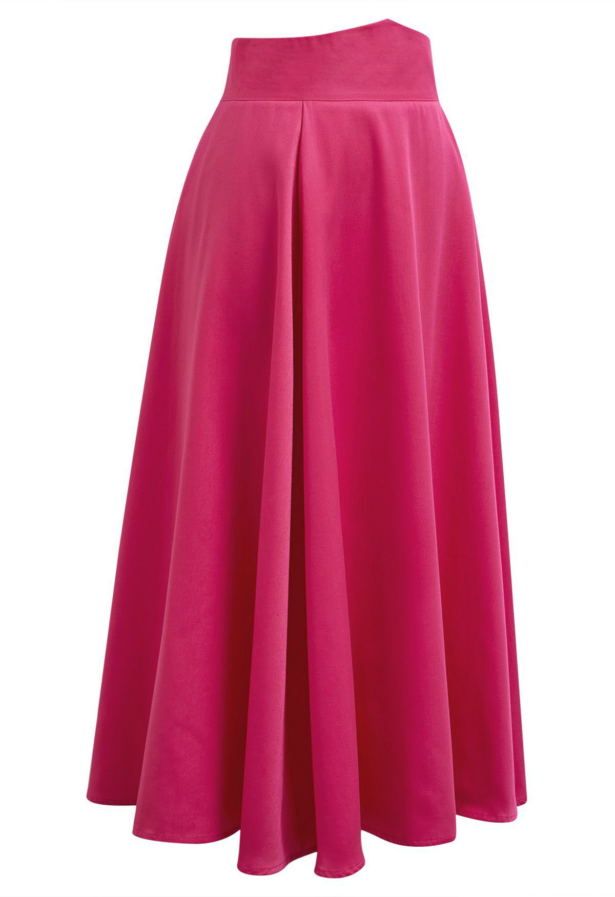 Jupe mi-longue trapèze taille haute rose vif unie