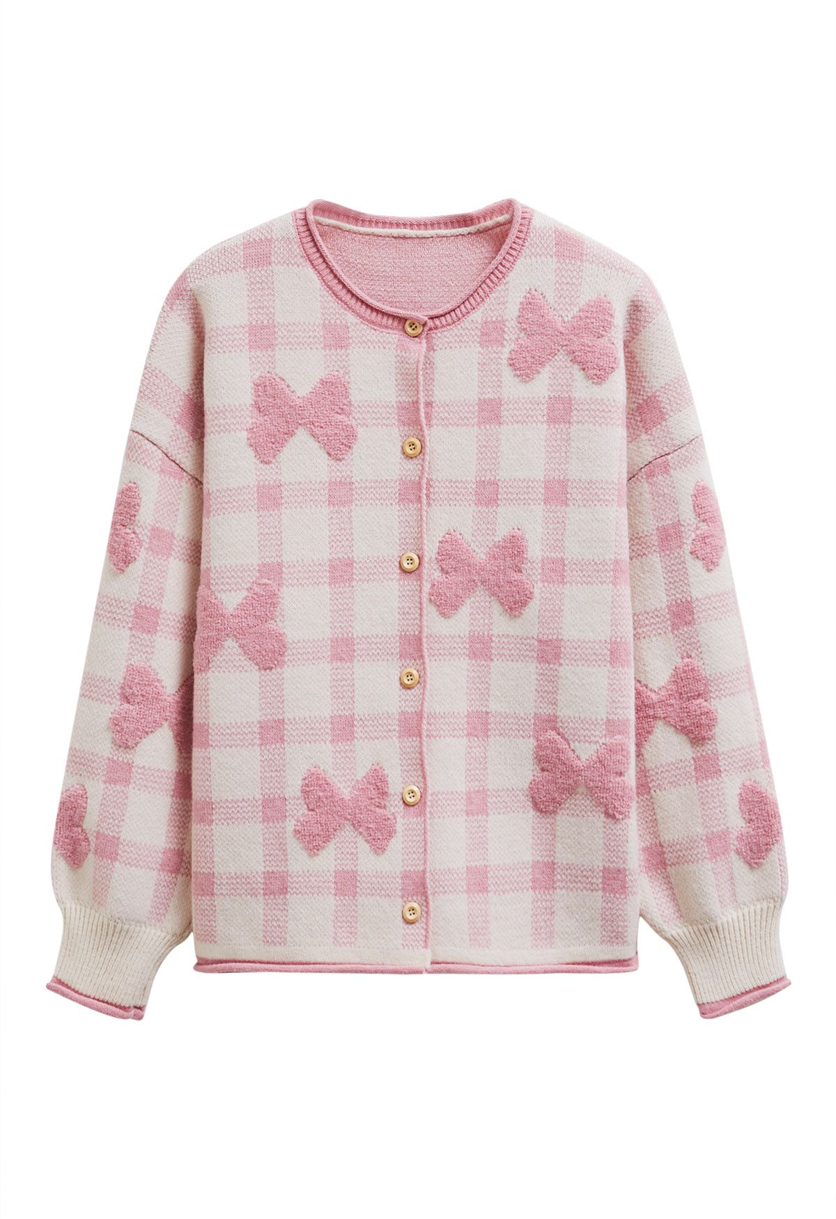 Cardigan boutonné en tricot à carreaux jacquard avec nœud papillon en rose