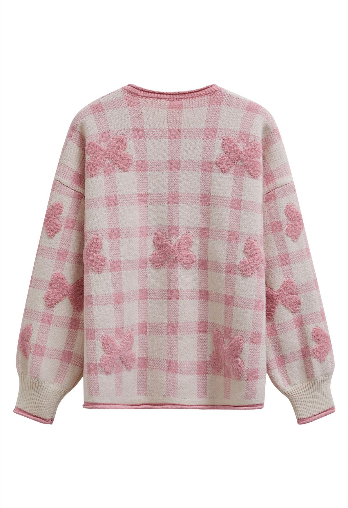 Cardigan boutonné en tricot à carreaux jacquard avec nœud papillon en rose