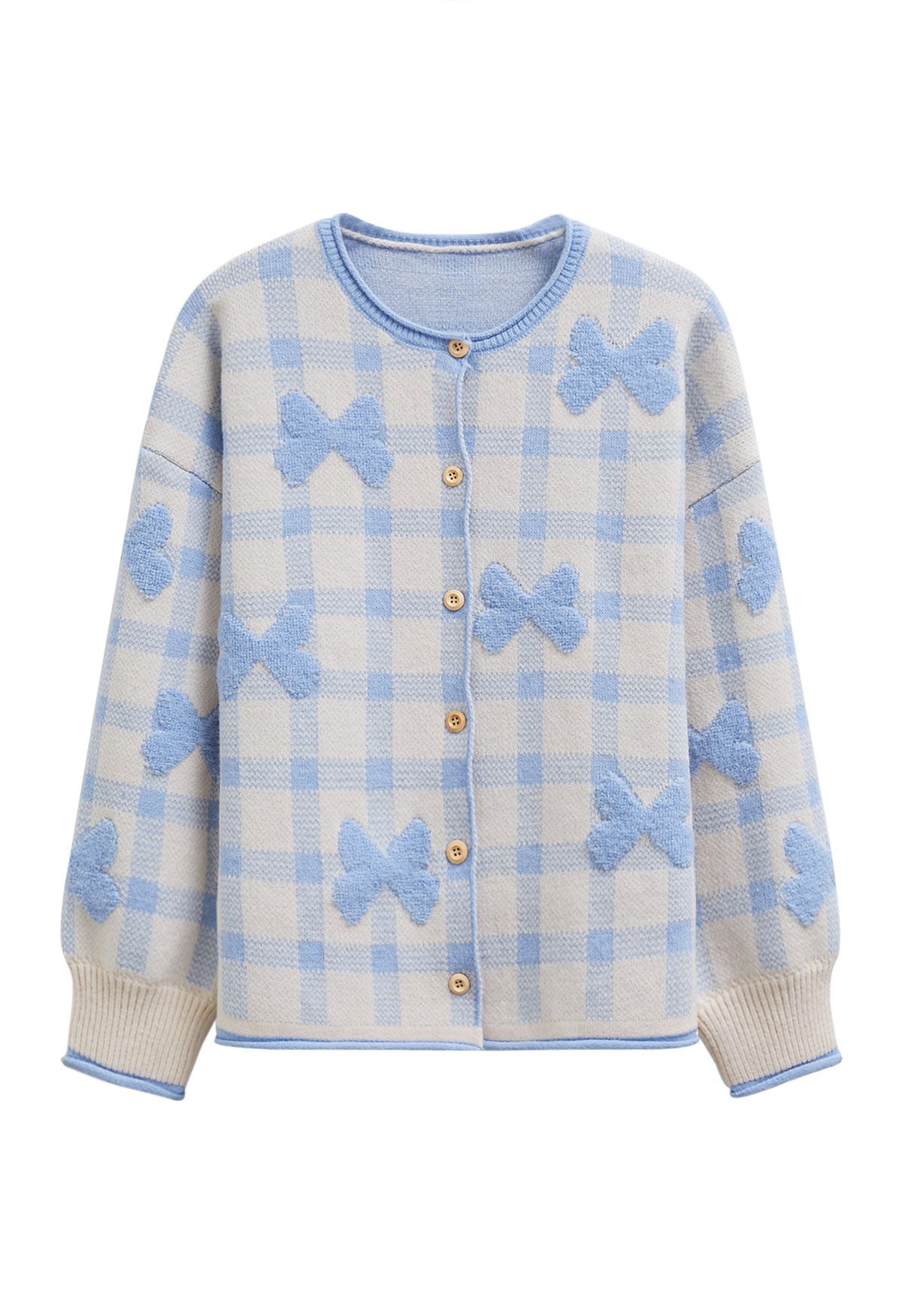 Cardigan boutonné en tricot à carreaux jacquard avec nœud papillon en bleu bébé