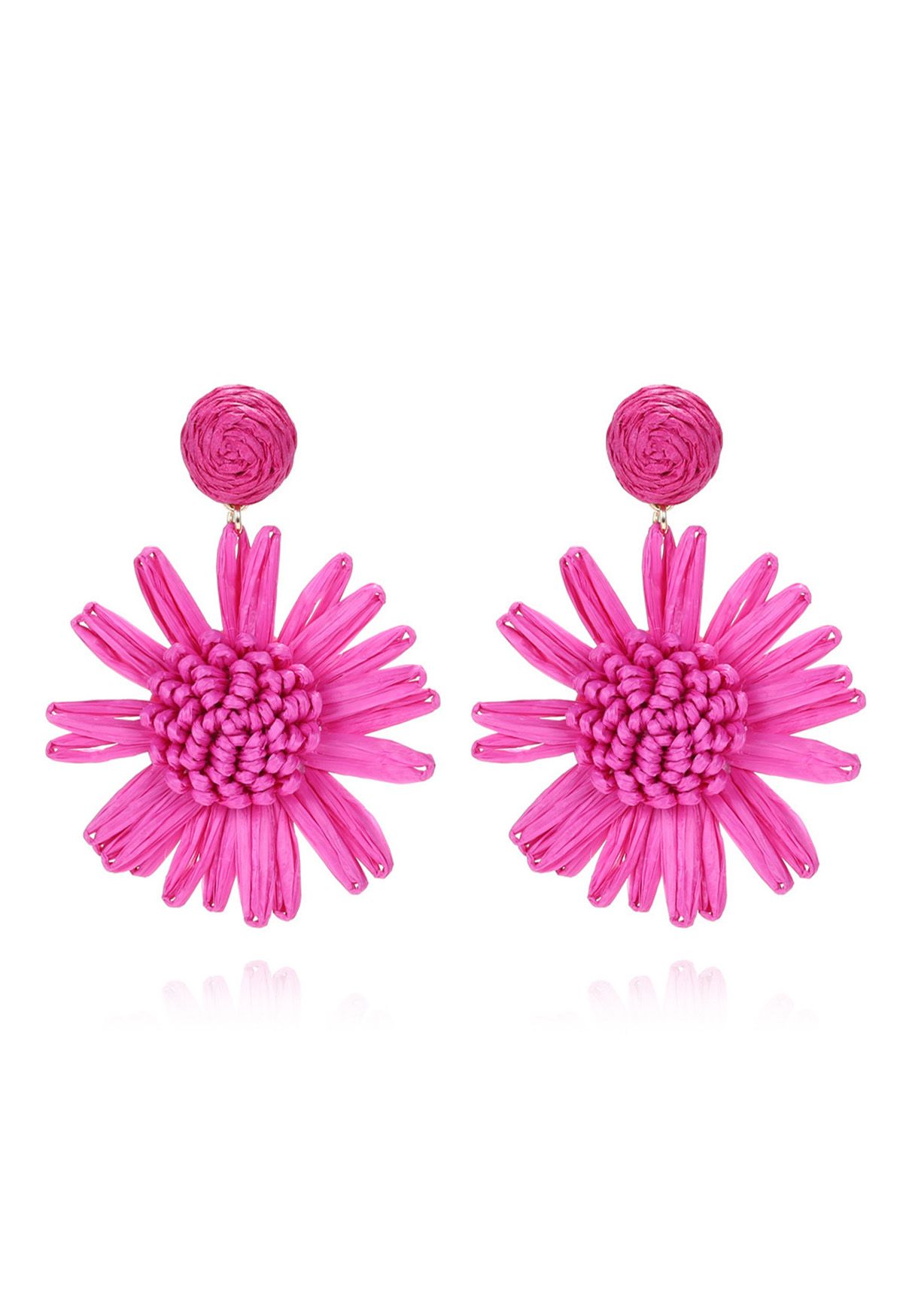 Boucles d'oreilles tissées à la main en raphia tournesol en magenta