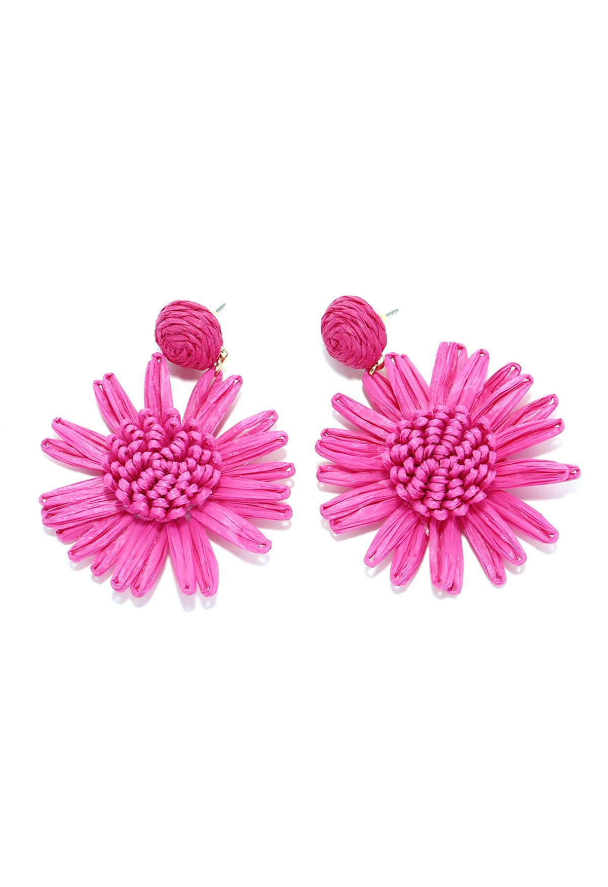 Boucles d'oreilles tissées à la main en raphia tournesol en magenta