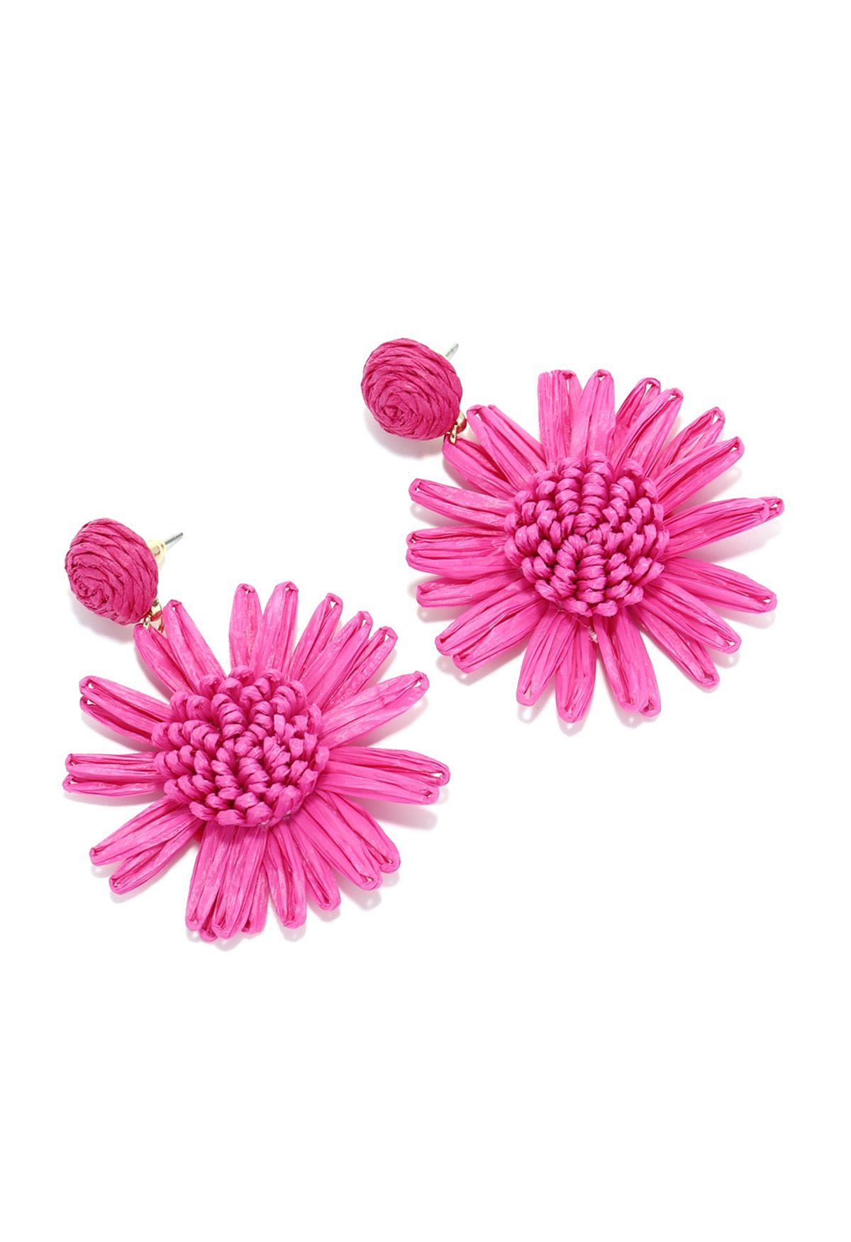 Boucles d'oreilles tissées à la main en raphia tournesol en magenta