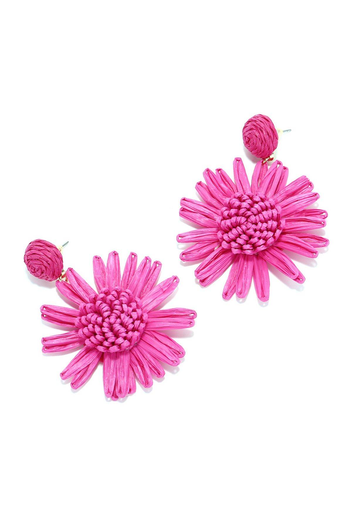 Boucles d'oreilles tissées à la main en raphia tournesol en magenta