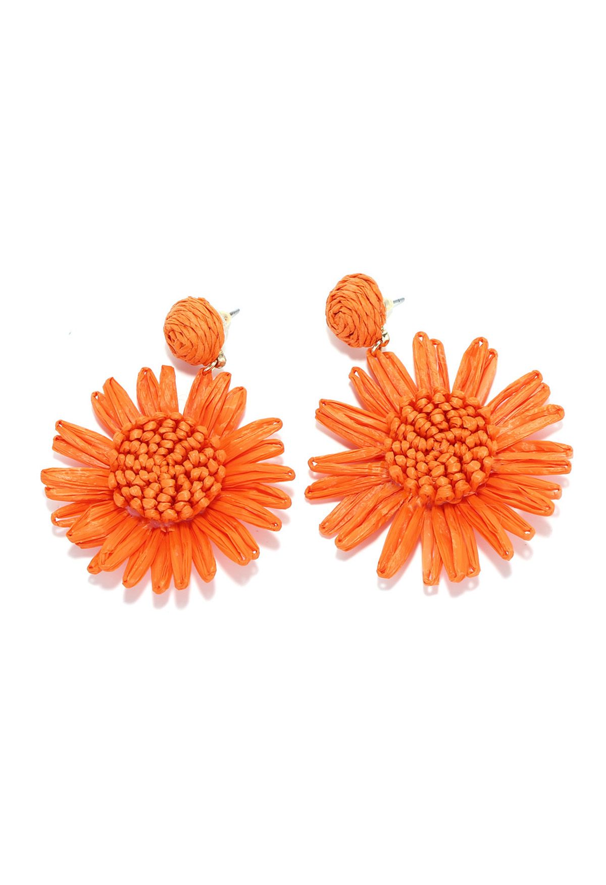 Boucles d'oreilles tissées à la main en raphia tournesol en orange