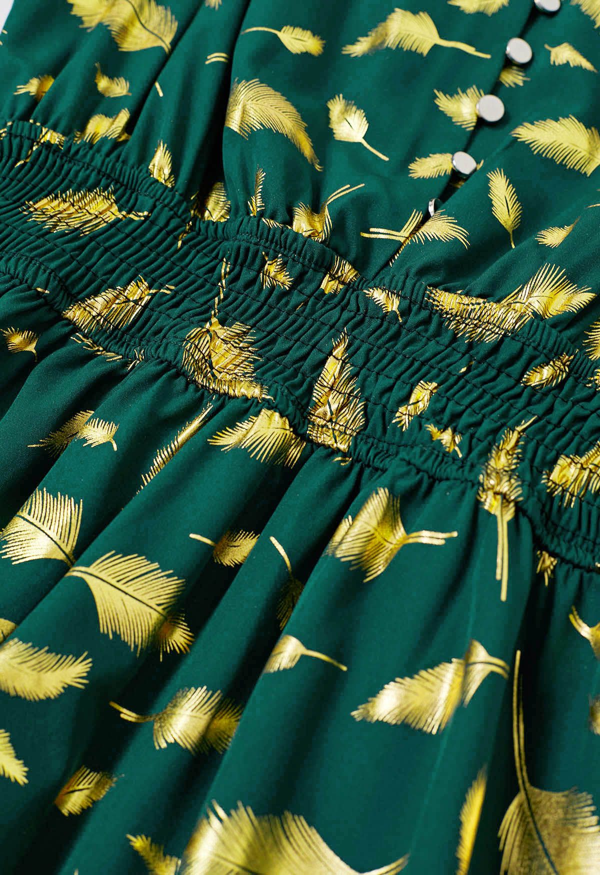 Robe courte à imprimé feuilles d'or et ceinture nouée en vert