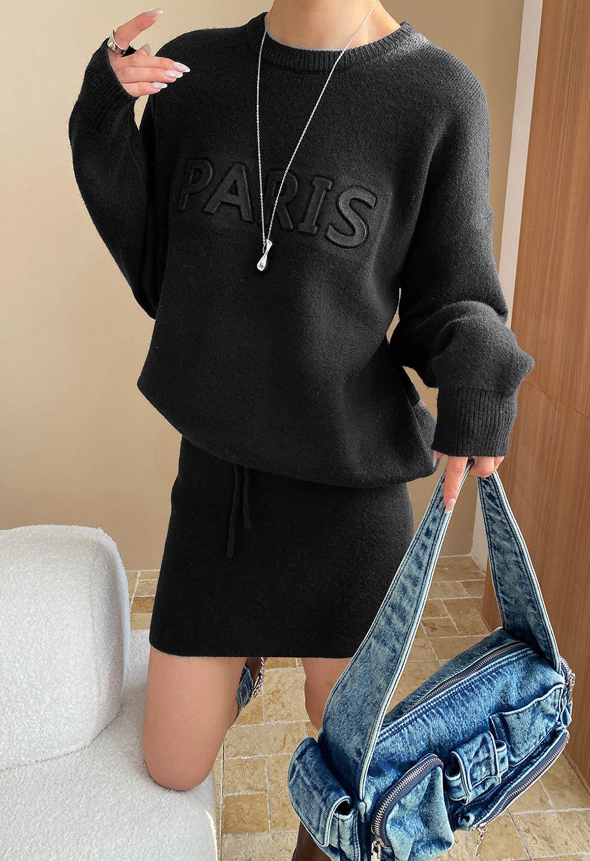 Ensemble pull et jupe en tricot lettre Paris en noir