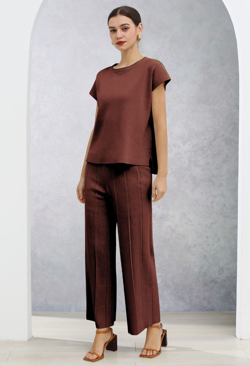 Ensemble haut sans manches et pantalon droit Daily Comfort en marron