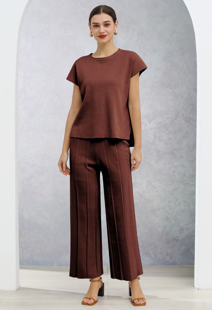 Ensemble haut sans manches et pantalon droit Daily Comfort en marron