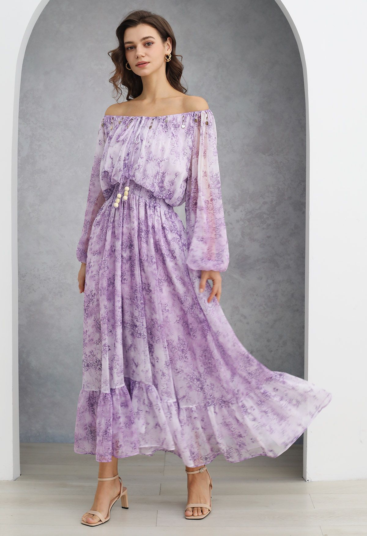 Vintage Baroque Off-Shoulder Chiffon Maxi Dress in Lilac