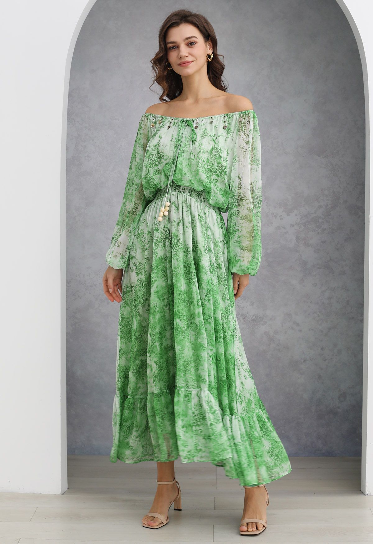 Vintage Baroque Off-Shoulder Chiffon Maxi Dress in Green