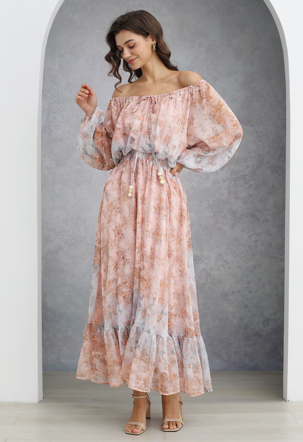 Vintage Baroque Off-Shoulder Chiffon Maxi Dress in Peach