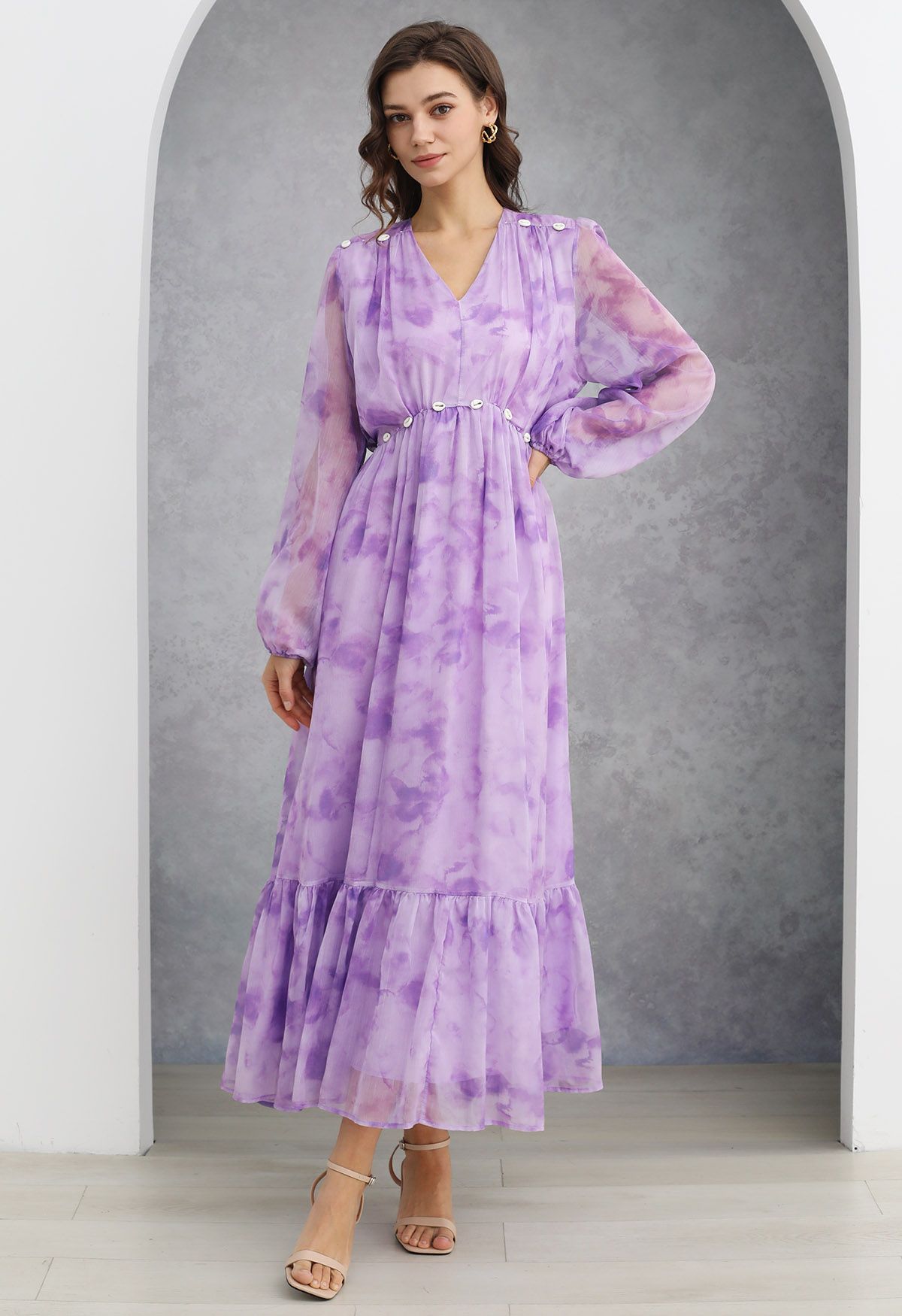 Seashell Beaded Tie-Waist Chiffon Maxi Dress in Lilac