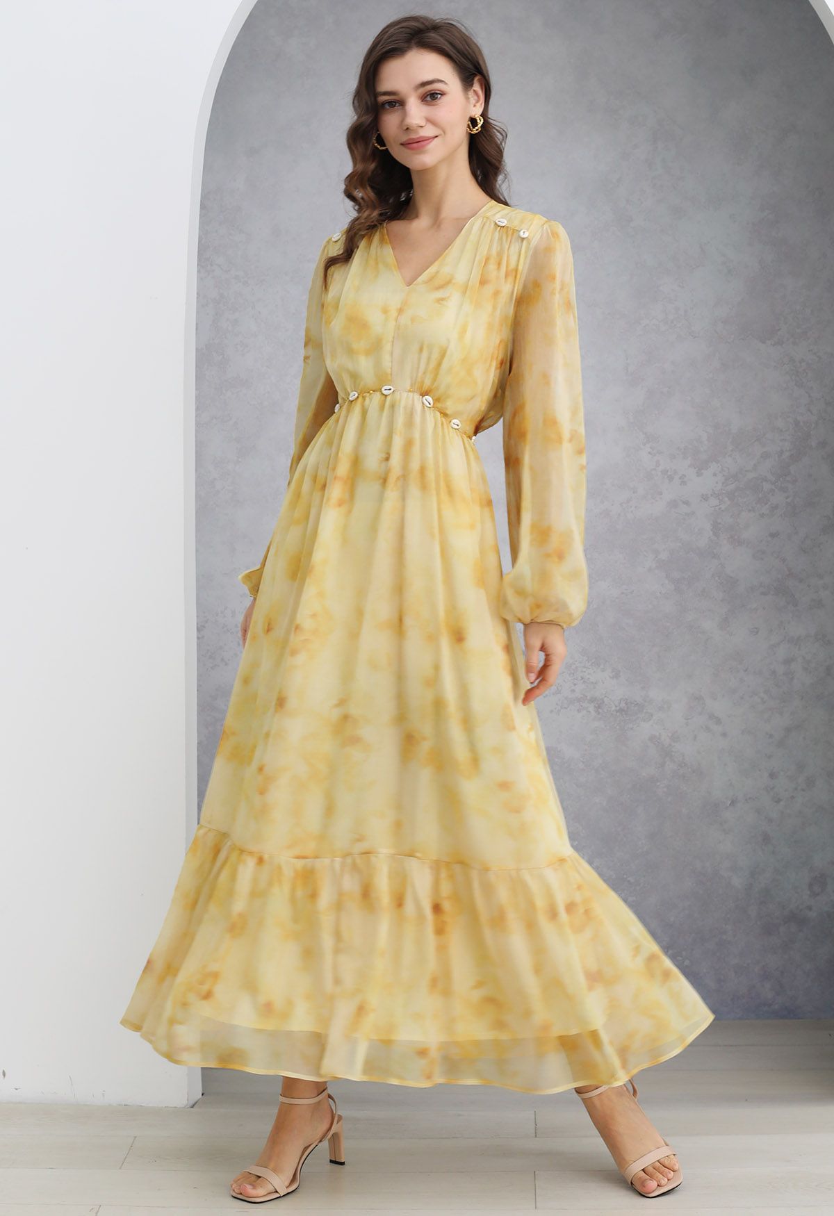 Seashell Beaded Tie-Waist Chiffon Maxi Dress in Yellow