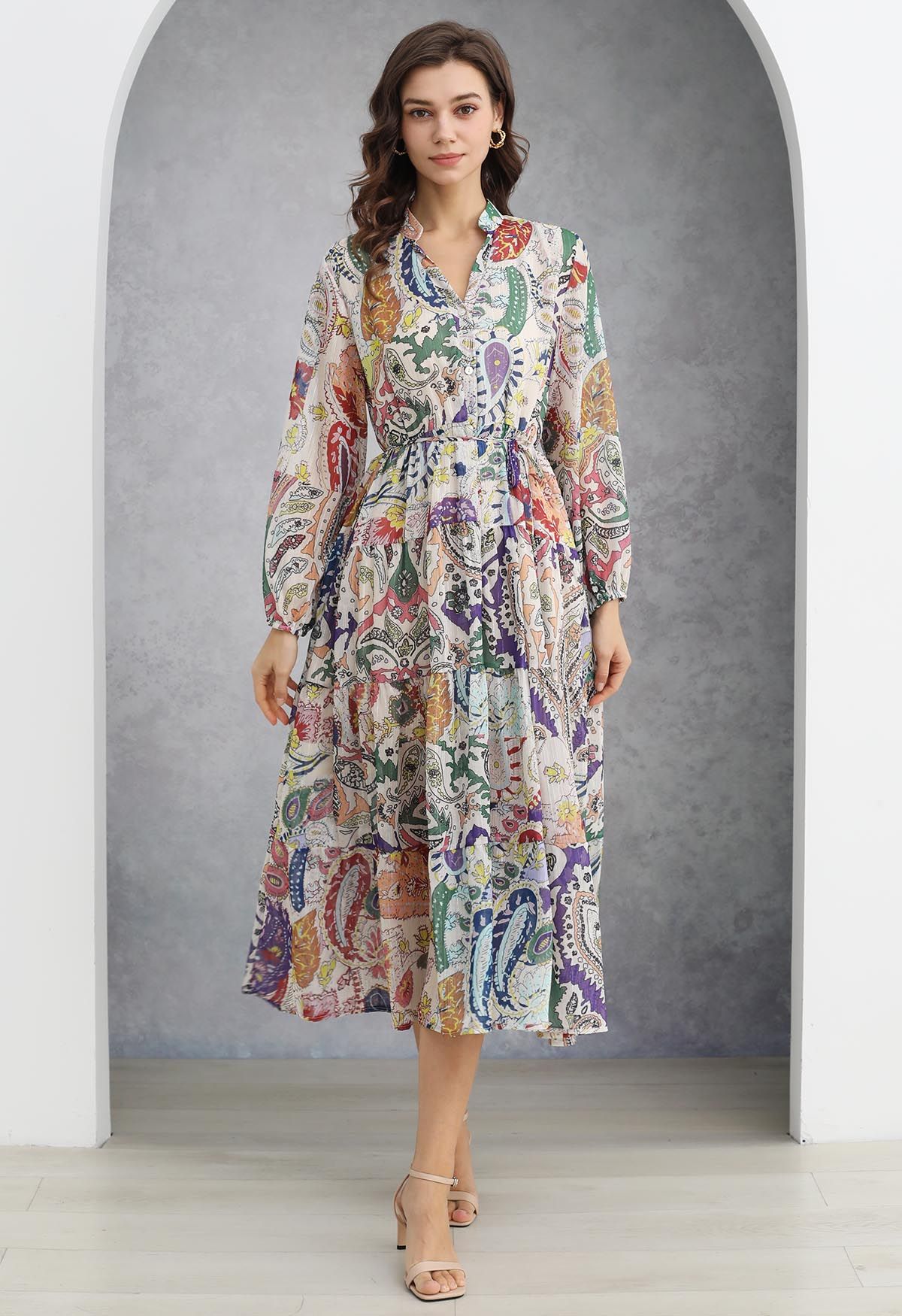 Spring Melody Paisley Metallic Chiffon Midi Dress