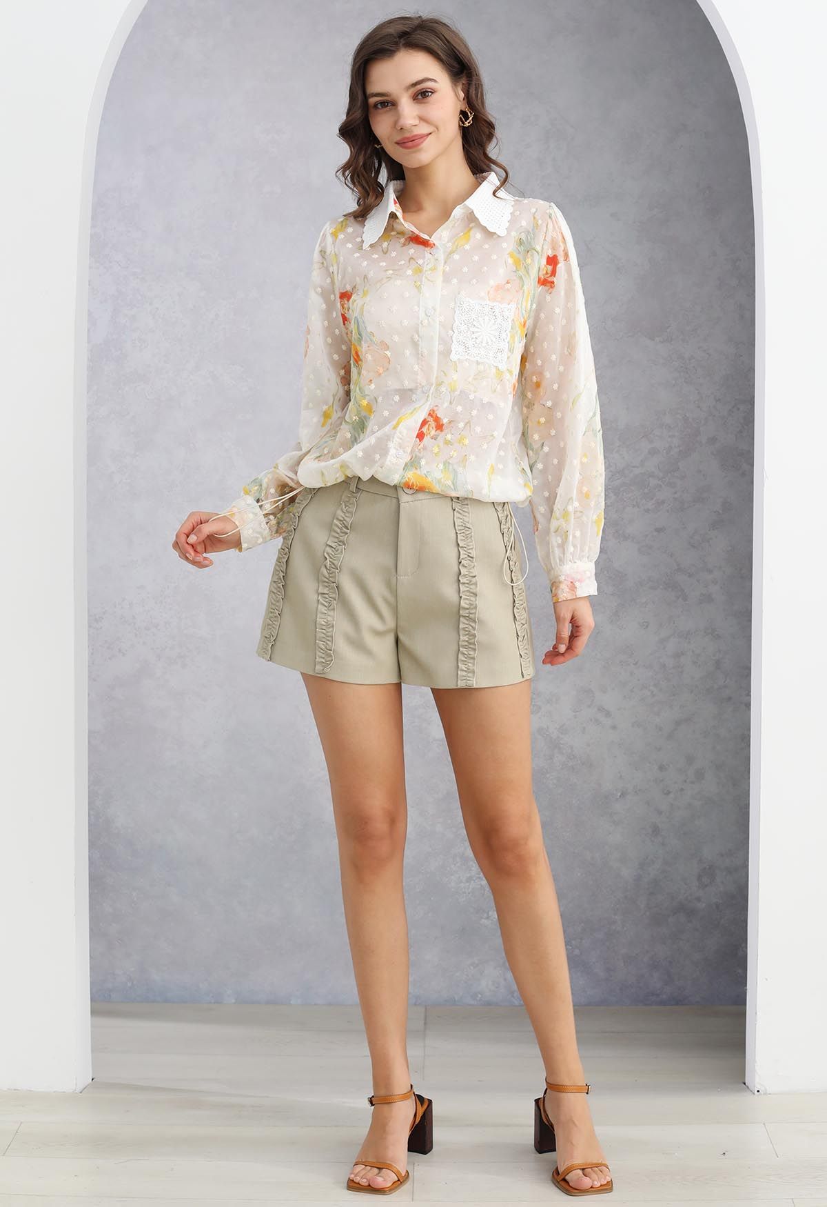 Lace Cutwork Pocket Embroidered Drawstring Shirt in Floral