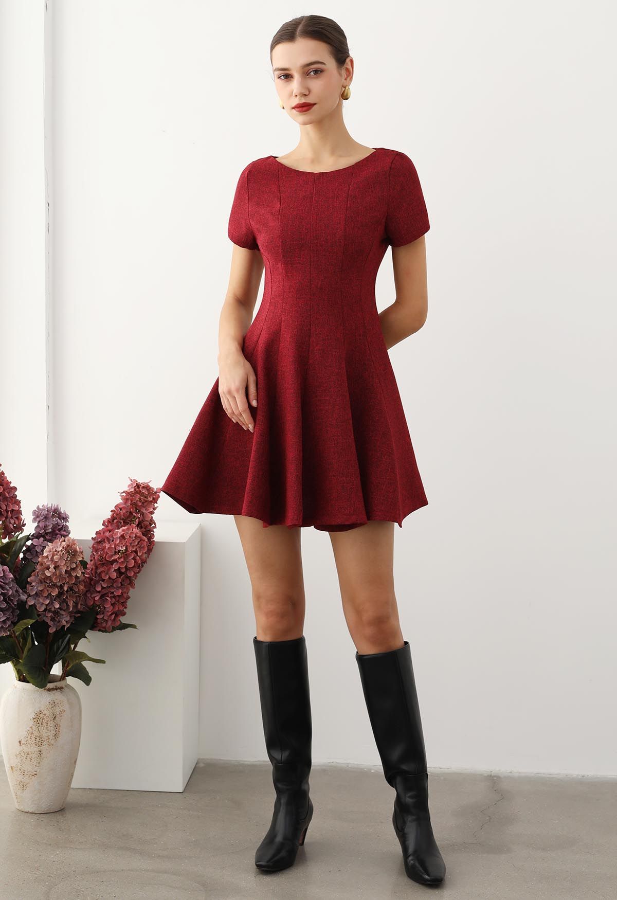 Fit-and-Flare Seamed Tweed Mini Dress in Red