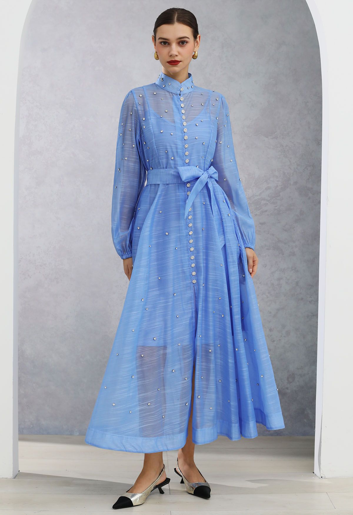 Rhinestone Decor Button Tie-Sash Organza Maxi Dress in Light Blue