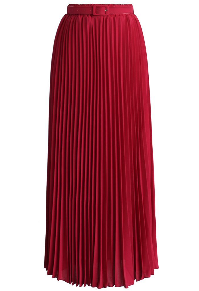 Jupe longue en mousseline plissée avec ceinture en rubis
