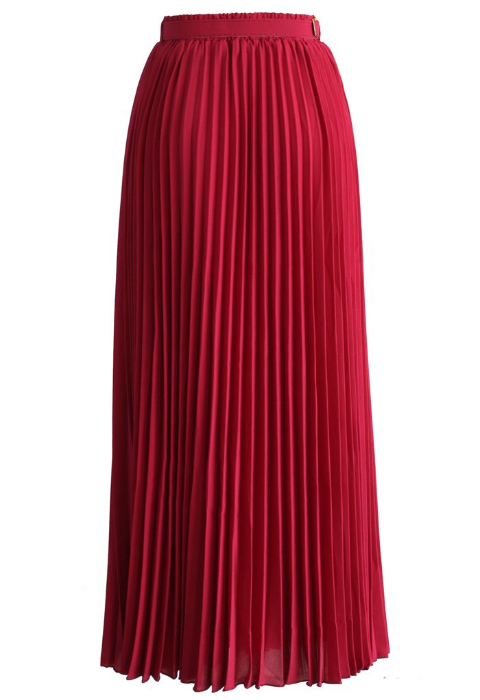Jupe longue en mousseline plissée avec ceinture en rubis