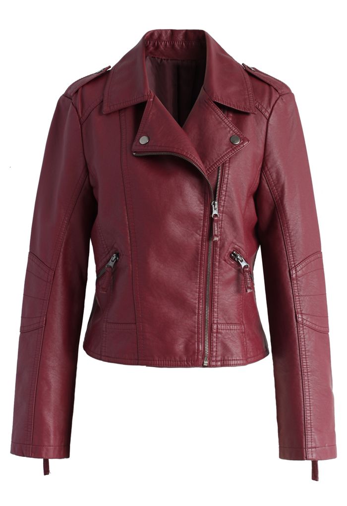 Chic et Mode Veste de motard en Faux Cuir Rouge Vineux